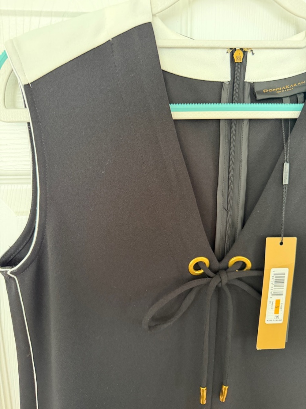 Donna Karan Black and White Sleeveless Midi Shift Dress with Tie Detail